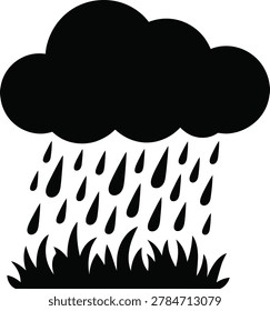 Rain cloud over green grass silhouette, heavy rainfall weather forecast icon isolated on white background vector