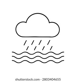 Rain cloud over ocean waves, rain cloud ocean outline icon for rainy sea weather, storm water, coastal forecast and marine climate