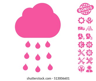 Rain Cloud pictograph with bonus settings clip art. Vector illustration style is flat iconic pink symbols on white background.
