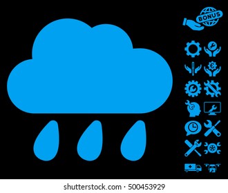 Rain Cloud pictograph with bonus tools icon set. Vector illustration style is flat iconic symbols, blue color, black background.