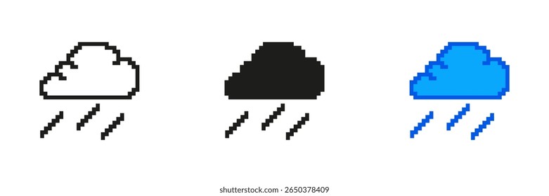 Conjunto de ícones pixelados da nuvem de chuva. Pixel Art Símbolo de Clima Chuvoso. Ícone de Precipitação e Tempo Úmido. Ilustração de vetor isolada.