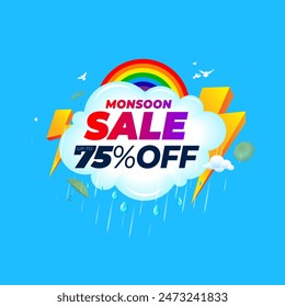 Rain cloud rainbow sky background with Monsoon sale offer deal discount poster concept.