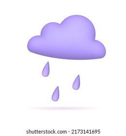 Rain cloud with raindrops. 3d vector icon in minimal cartoon style. Weather icon for mobile applications, websites, social media