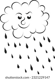 Rain cloud with raindrops line art design. Cute cloud raining and smile icon design.