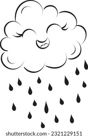 Nube de lluvia con diseño de arte de líneas de gotas de lluvia. Limpieza en la nube y diseño de iconos de sonrisa.