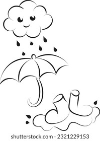 Regenwolke mit Regentropfen-Liniendesign. Cute Cloud Regen und Lächeln Symbol Design.
