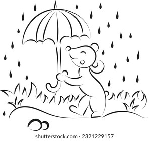 Rain cloud with raindrops line art design. Cute cloud raining and smile icon design.