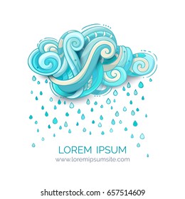 Rain cloud sign. Ornate cloud and rain drops isolated on white background. Curls, swirls and spirals. There is copy space for your text.