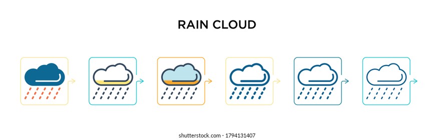 Rain cloud vector icon in 6 different modern styles. Black, two colored rain cloud icons designed in filled, outline, line and stroke style. Vector illustration can be used for web, mobile, ui