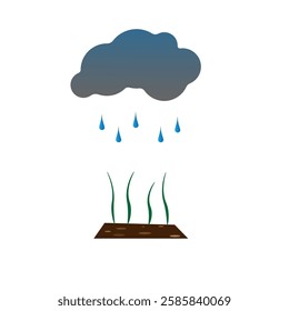 Rain cloud watering the soil and grass, illustration in simplified style