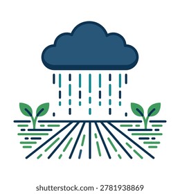 A rain cloud waters two green plants on fertile soil with rainwater, symbolizing growth and nature's nourishment.