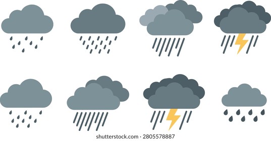 Rain cloud weather vector icons set. Rainy weather forecast symbols featuring light rain, heavy downpour, thunderstorm with lightning, drizzle, and storm clouds isolated on white background.