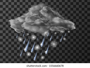 Rain cloud with wet snow weather meteo icon vector illustration. Realistic falling water drops and snowflakes, element for weather forecast, wet rainy day pictogram, isolated on transparent background