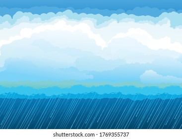 Rain clouds blue sky. Vector illustration. Water jets, inclement weather. Flat style.