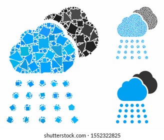 Rain clouds composition of raggy parts in different sizes and color tones, based on rain clouds icon. Vector bumpy parts are united into collage. Rain clouds icons collage with dotted pattern.