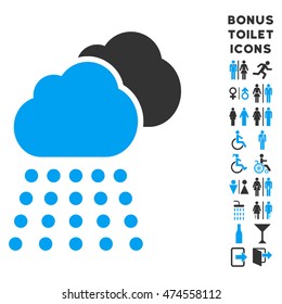 Rain Clouds icon and bonus gentleman and female lavatory symbols. Vector illustration style is flat iconic bicolor symbols, blue and gray colors, white background.