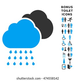 Rain Clouds icon and bonus gentleman and female lavatory symbols. Vector illustration style is flat iconic bicolor symbols, blue and gray colors, white background.
