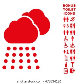 Rain Clouds icon and bonus gentleman and female lavatory symbols. Vector illustration style is flat iconic symbols, red color, white background.