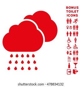 Rain Clouds icon and bonus gentleman and woman WC symbols. Vector illustration style is flat iconic symbols, red color, white background.