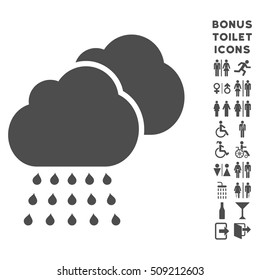 Rain Clouds icon and bonus gentleman and lady toilet symbols. Vector illustration style is flat iconic symbols, gray color, white background.
