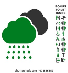 Rain Clouds icon and bonus male and lady lavatory symbols. Vector illustration style is flat iconic bicolor symbols, green and gray colors, white background.