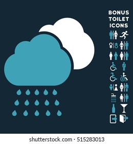 Rain Clouds icon and bonus male and woman restroom symbols. Vector illustration style is flat iconic bicolor symbols, blue and white colors, dark blue background.