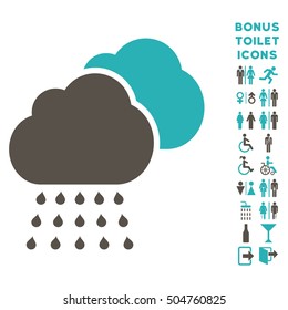 Rain Clouds icon and bonus man and lady restroom symbols. Vector illustration style is flat iconic bicolor symbols, grey and cyan colors, white background.