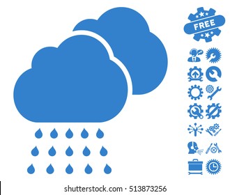Rain Clouds icon with bonus tools pictograph collection. Vector illustration style is flat iconic cobalt symbols on white background.