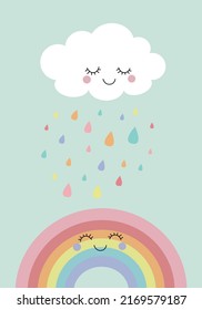 Rain from the clouds into the rainbow Pattern, Colorful Rain and clouds and rainbow blue Background, Weather Wallpaper Love Cards Vector Stock Vector Illustration.