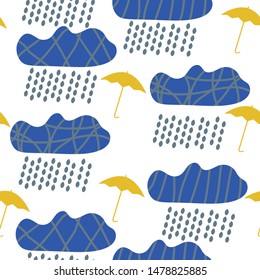 Rain clouds with jets of rain. Scandinavian style. White background. Seamless pattern. Primitive drawing. Children's illustration. Yellow umbrellas. For a different design.