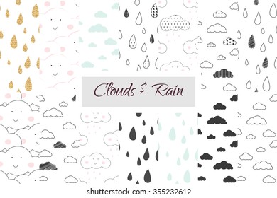 Rain and clouds kids seamless pattern set. Scandinavian simple white and black minimalistic style. For fabric textile print, wallpapers, bed linen, kids room decor design. Rain drops and sky for baby.