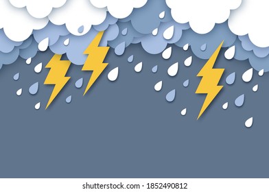 Rain Clouds and Lightening Bolt. Paper cut weather. Storm time. Rain drops and thunder.