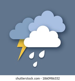 Nubes de lluvia y perno de iluminación. El papel cortó el tiempo. Tiempo de tormenta. Las caídas de lluvia y el trueno.
