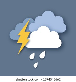 Rain Clouds and Lightening Bolt. Paper cut weather. Storm time. Rain drops and thunder.