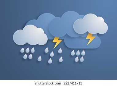 Rain Clouds and Lightening Bolt. Paper cut weather. Storm time. Rain drops and thunder.