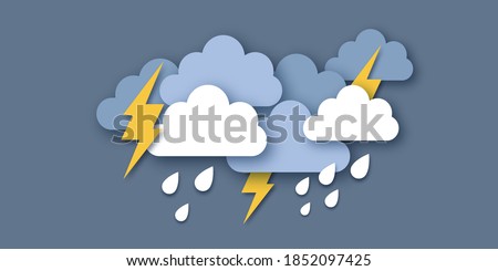 Rain Clouds and Lightening Bolt. Paper cut weather. Storm time. Rain drops and thunder.