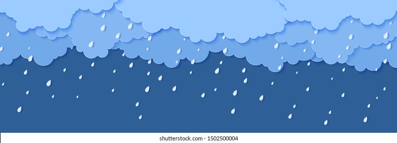 Rain and clouds in paper cut style. Vector storm weather concept with falling water drops from the cloudy sky. Storm papercut background template for autumn monsoon discounts sale banner.