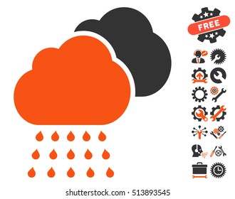 Rain Clouds pictograph with bonus options pictograms. Vector illustration style is flat iconic orange and gray symbols on white background.
