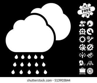 Rain Clouds pictograph with bonus tools pictograph collection. Vector illustration style is flat iconic white symbols on black background.