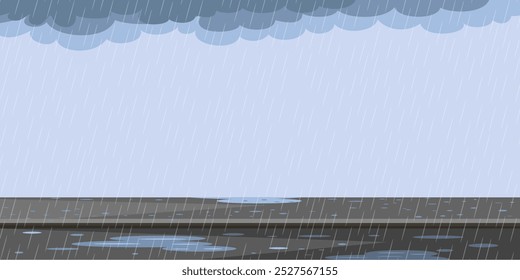 Rain with clouds and puddles on road. Rainy weather background. Falling water drops. Nature rainfall. Autumn or spring rainy day. Flat vector illustration.