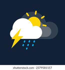 Rain clouds with sunlight and thunder icon. Drizzling rain. Weather, internet concept. Trendy vector rain symbol for website design, web button, mobile app.