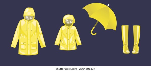 Rain coat for adults and kids flat illustration vector. Yellow rain coat, waterproof bat and umbrella. Rainy season excitements. Waterproof coat with face protection glass. Sticker and art for Books. 