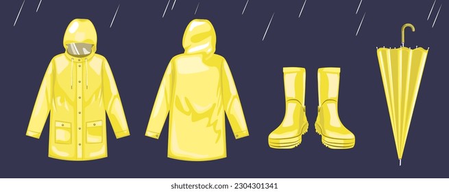 Rain coat for adults and kids flat illustration vector. Yellow rain coat, waterproof bat and umbrella. Rainy season excitements. Waterproof coat with face protection glass. Sticker and art for Books. 