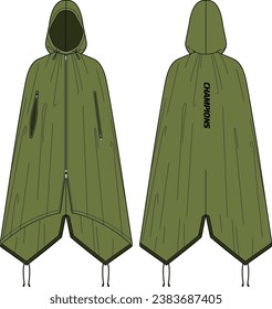 Rain coat poncho Hoodie jacket design flat sketch Illustration, waterproof cycling Hooded rain coat with front and back view, winter coat for Men and women for outerwear and long weather jacket