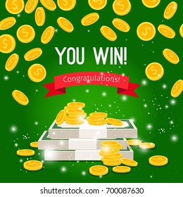Rain coins and sign you win on green background, vector illustration