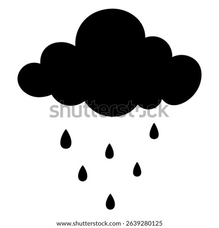 Rain is coming. Cumulus cloud and drops. Silhouette. Vector illustration. Isolated white background. Black curly cloud, beginning of shower. Doodle style. Idea for web design.