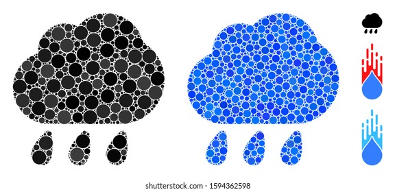 Rain composition of round dots in various sizes and shades, based on rain icon. Vector dots are organized into blue collage. Dotted rain icon in usual and blue versions.