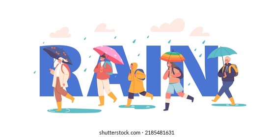 Rain Concept, Happy Kids Walk under Umbrella, Little Boys and Girls Characters Walking by Puddles at Rainy Weather. Autumn Season, Monsoon Poster, Banner or Flyer. Cartoon Vector Illustration