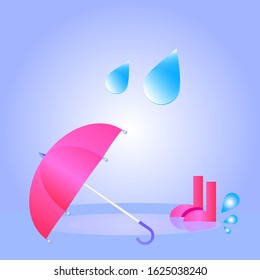 Rain concept. Umbrella, boots and rain drops vector illustration