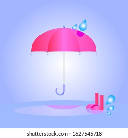 Rain concept. Umbrella, boots and rain drops vector illustration